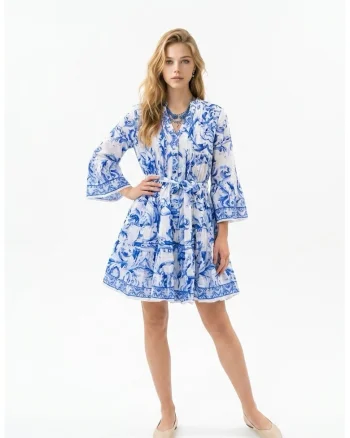 Rochie scurta de vara din bumbac cu imprimeu alb cu albastru Amalfi