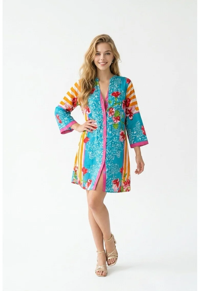 Rochie scurta tip camasa de vara din bumbac cu imprimeu multicolor Positano Amalfi
