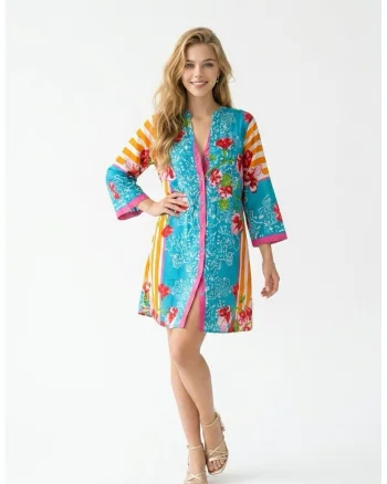 Rochie scurta tip camasa de vara din bumbac cu imprimeu multicolor Positano Amalfi