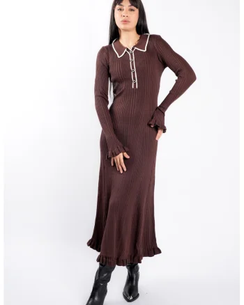 Rochie midi Brown cu guler contrastant