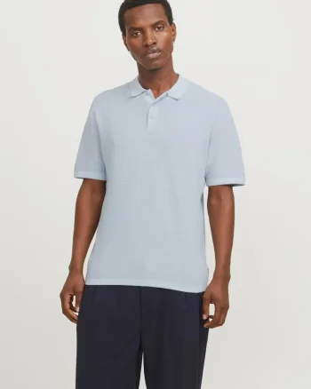 Tricou polo barbati, cu aspect tricotat, Regular Fit, Albastru deschis,