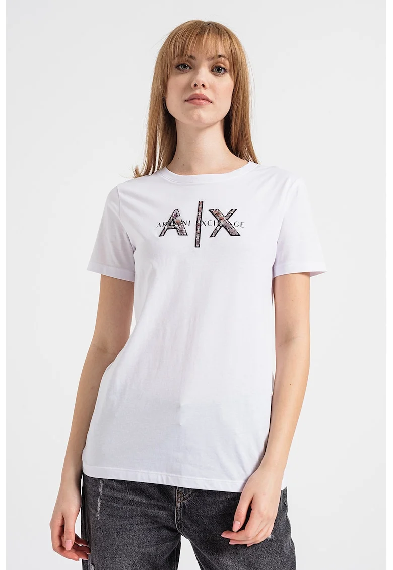 Tricou cu aplicatie logo cu paiete, Alb/Negru/Argintiu