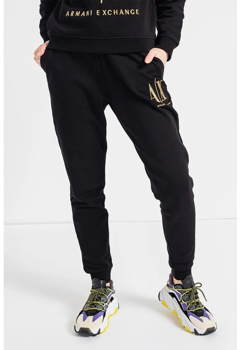 Pantaloni de trening cu snur de ajustare si broderie logo, Auriu/Negru