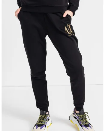 Pantaloni de trening cu snur de ajustare si broderie logo, Auriu/Negru