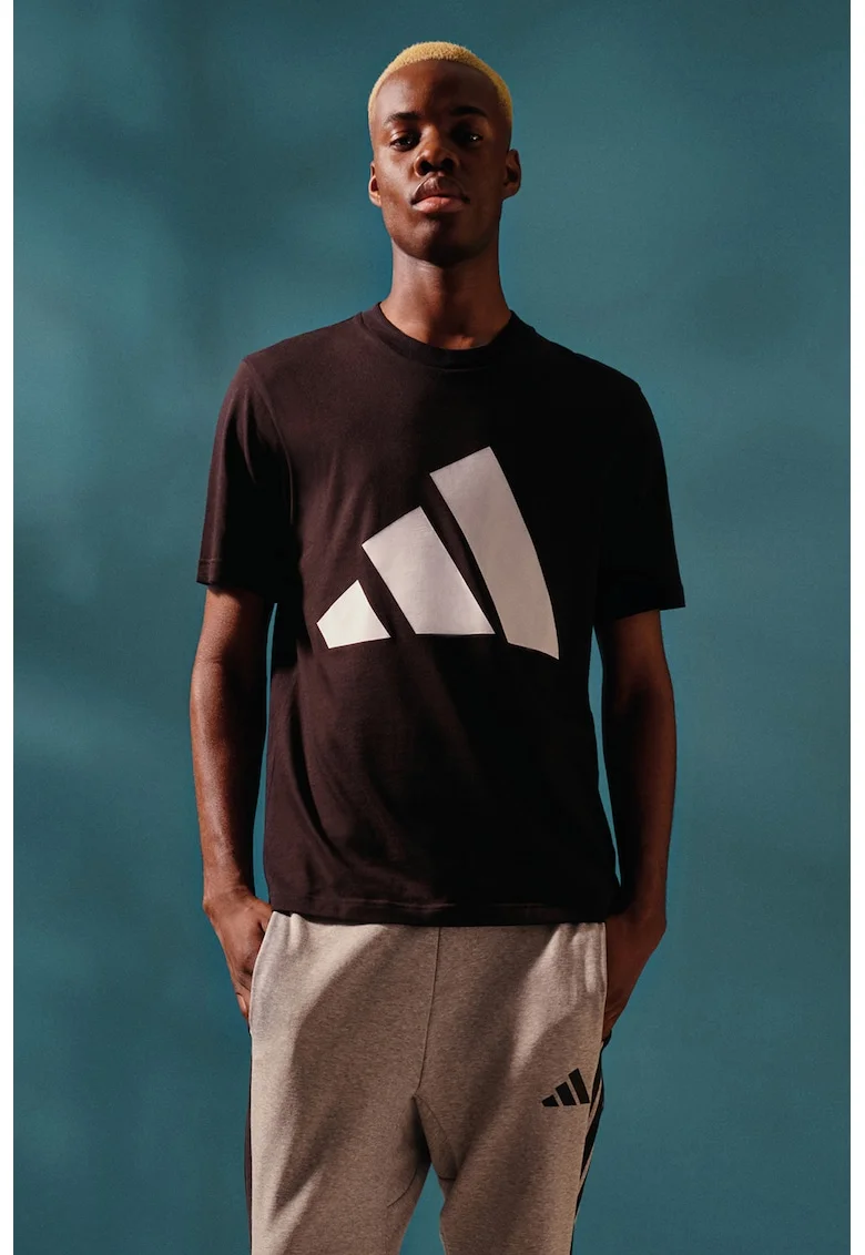 Tricou cu decolteu la baza gatului si imprimeu logo, Alb/Negru