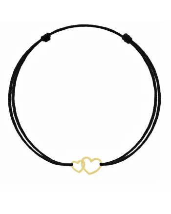 Bratara cu pandantiv Inimi din AUR 14K 585, snur negru reglabil, aur galben