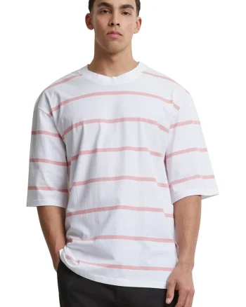 Tricou supradimensionat cu model in dungi, Alb/Roz pastel