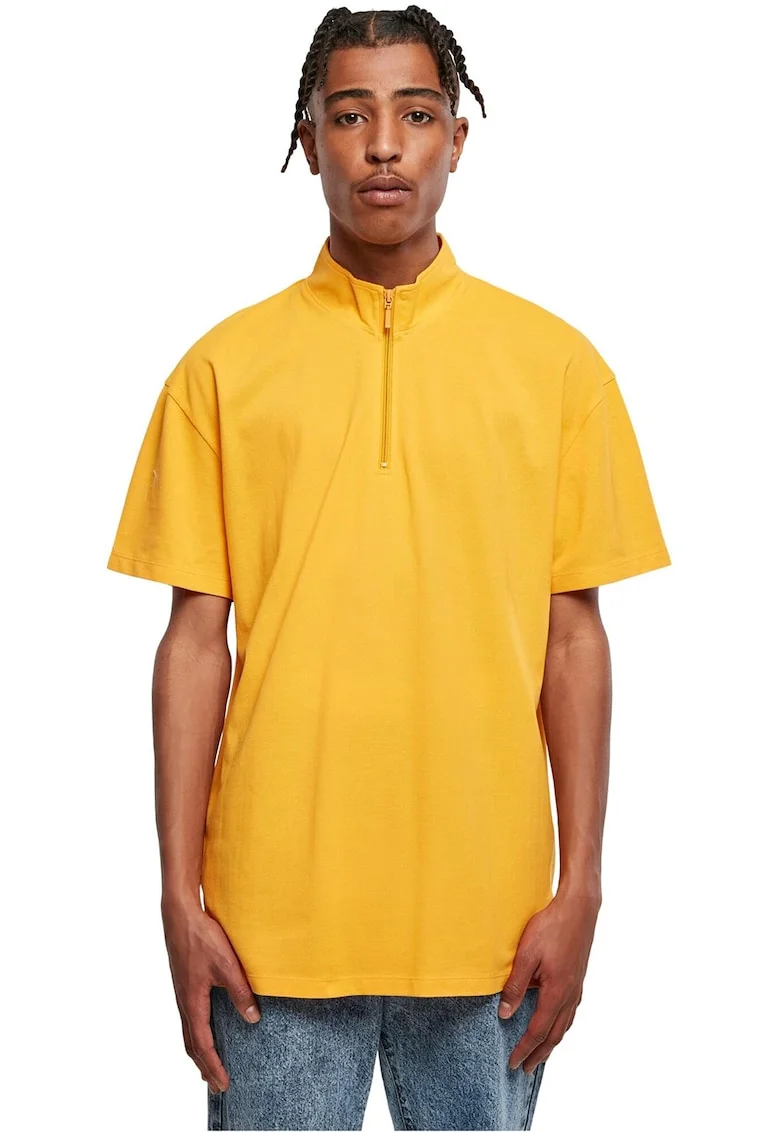 Tricou din bumbac cu fermoar scurt si model uni, Portocaliu