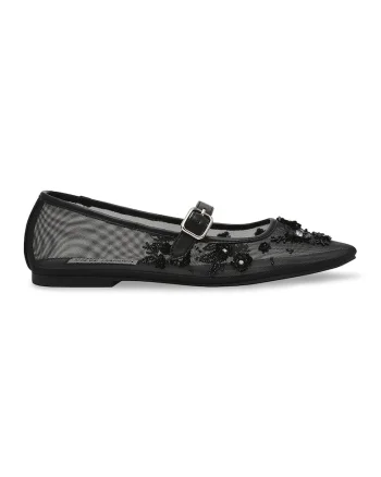 Balerini din plasa cu aplicatii in forma de floare, Negru/Transparent
