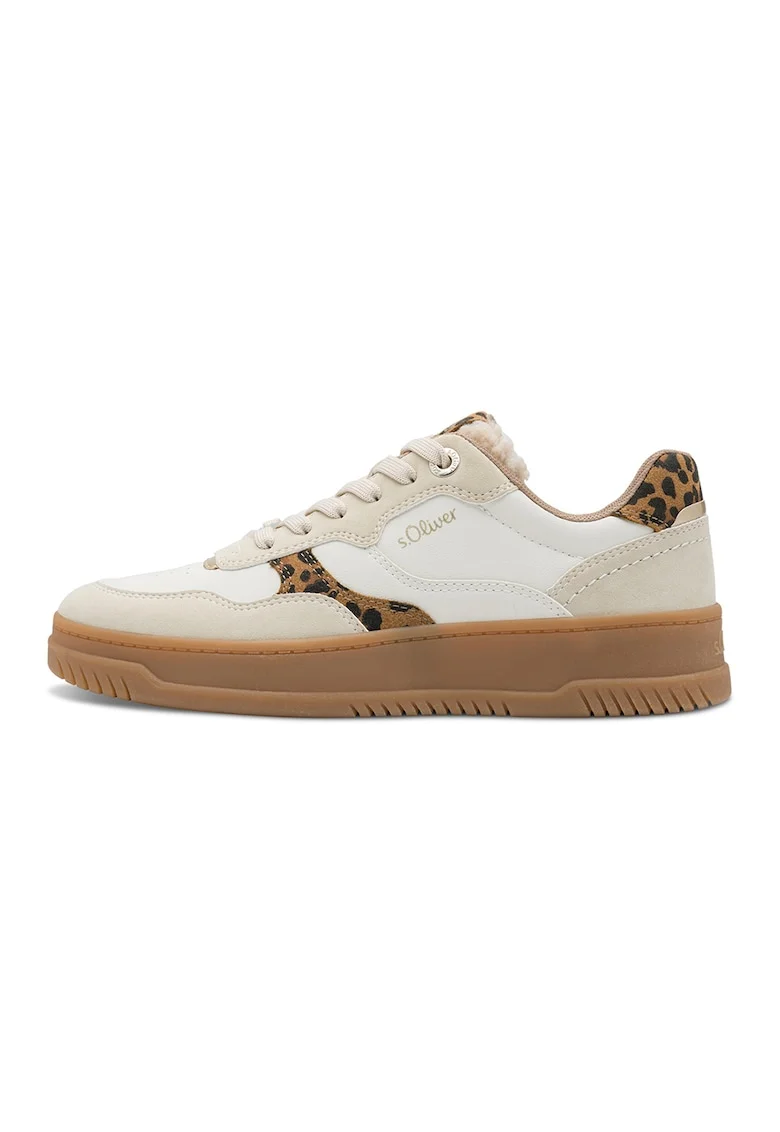 Pantofi sport low-cut de piele ecologica, Alb fildes/Maro deschis