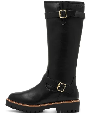 Cizme de piele ecologica cu catarame decorative, Negru