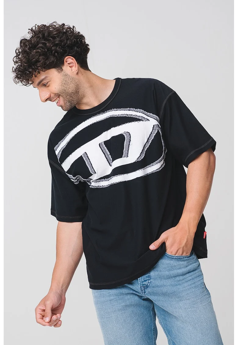 Tricou cu imprimeu logo frontal, Negru/Alb murdar
