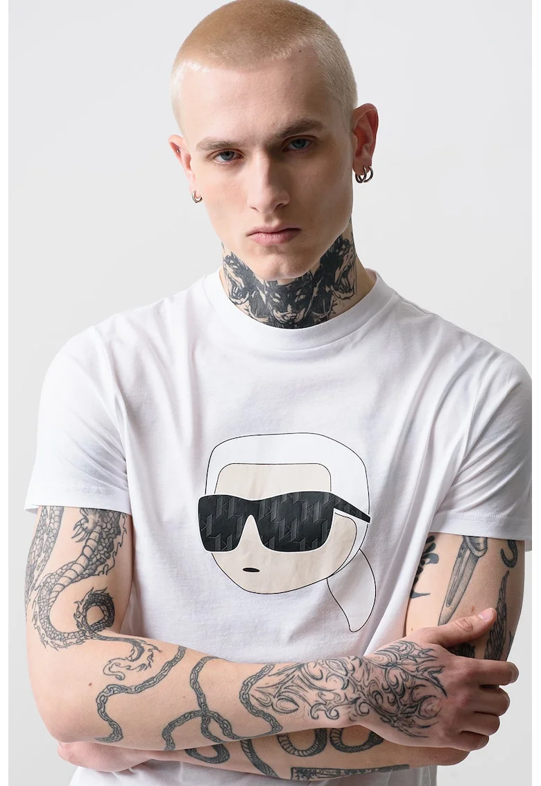 Tricou de bumbac cu decolteu la baza gatului si imprimeu logo, Alb optic