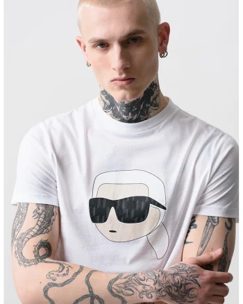 Tricou de bumbac cu decolteu la baza gatului si imprimeu logo, Alb optic