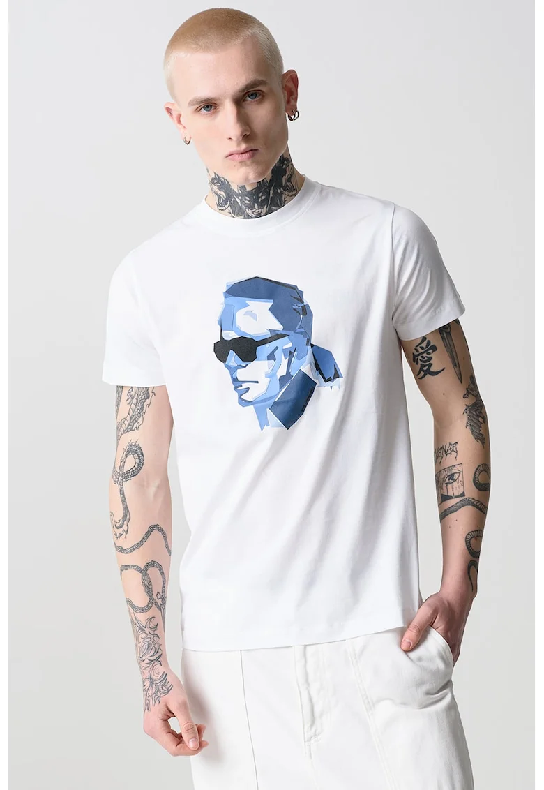 Tricou de bumbac cu imprimeu, Albastru inchis/Alb optic