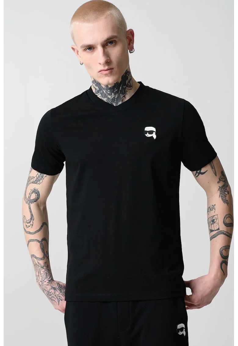 Tricou cu decolteu in V si logo, Negru