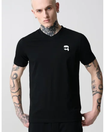 Tricou cu decolteu in V si logo, Negru