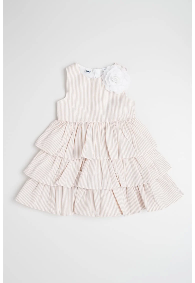 Rochie cu volane, model in dungi si aplicatie florala, Alb/Bej