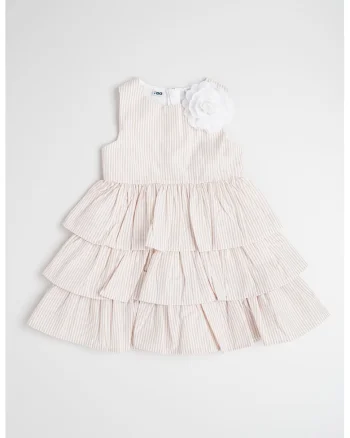Rochie cu volane, model in dungi si aplicatie florala, Alb/Bej