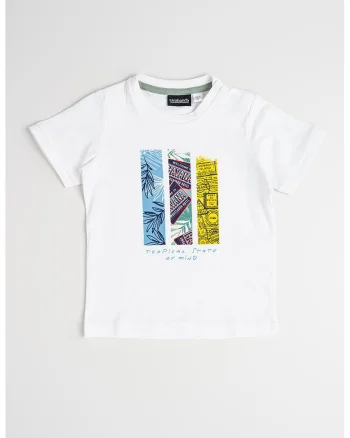 Tricou cu decolteu la baza gatului si imprimeu grafic, Alb/Galben