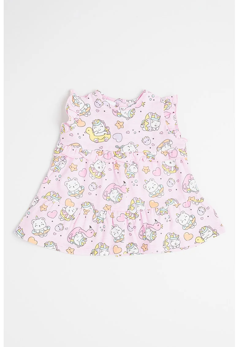 Rochie cu decolteu la baza gatului si maneci scurte, Roz pastel/Galben pal/Alb optic