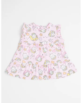 Rochie cu decolteu la baza gatului si maneci scurte, Roz pastel/Galben pal/Alb optic