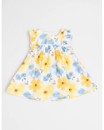 Rochie evazata cu imprimeu floral, Albastru pastel/Galben/Alb optic
