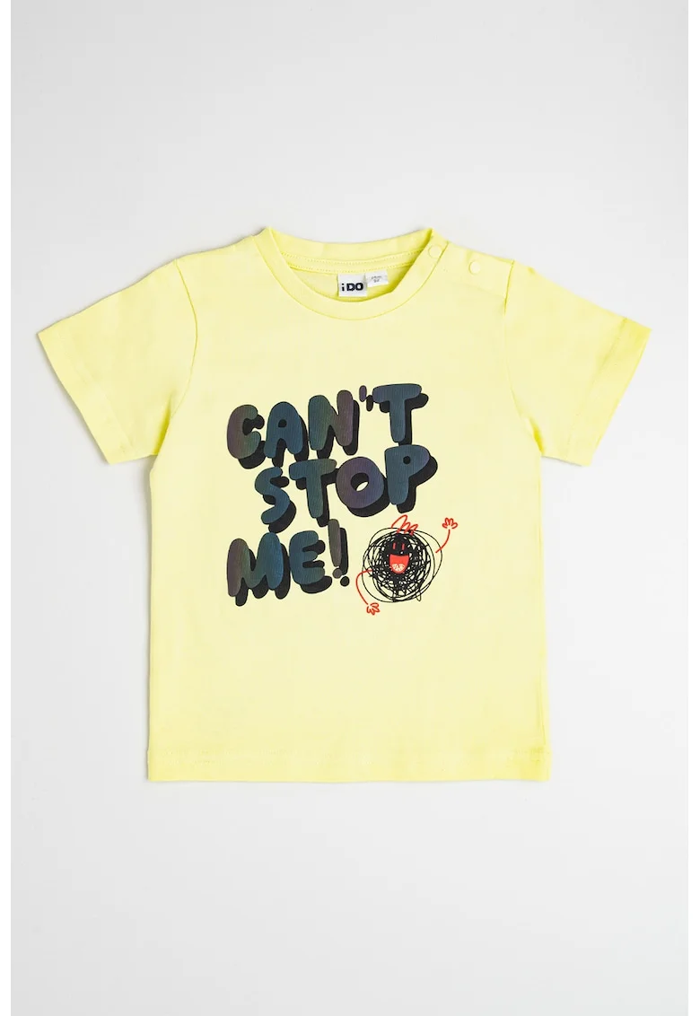 Tricou cu decolteu la baza gatului si imprimeu text, Negru/Verde fistic