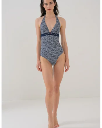 Costum de baie intreg cu banda logo si model, Alb/Bleumarin
