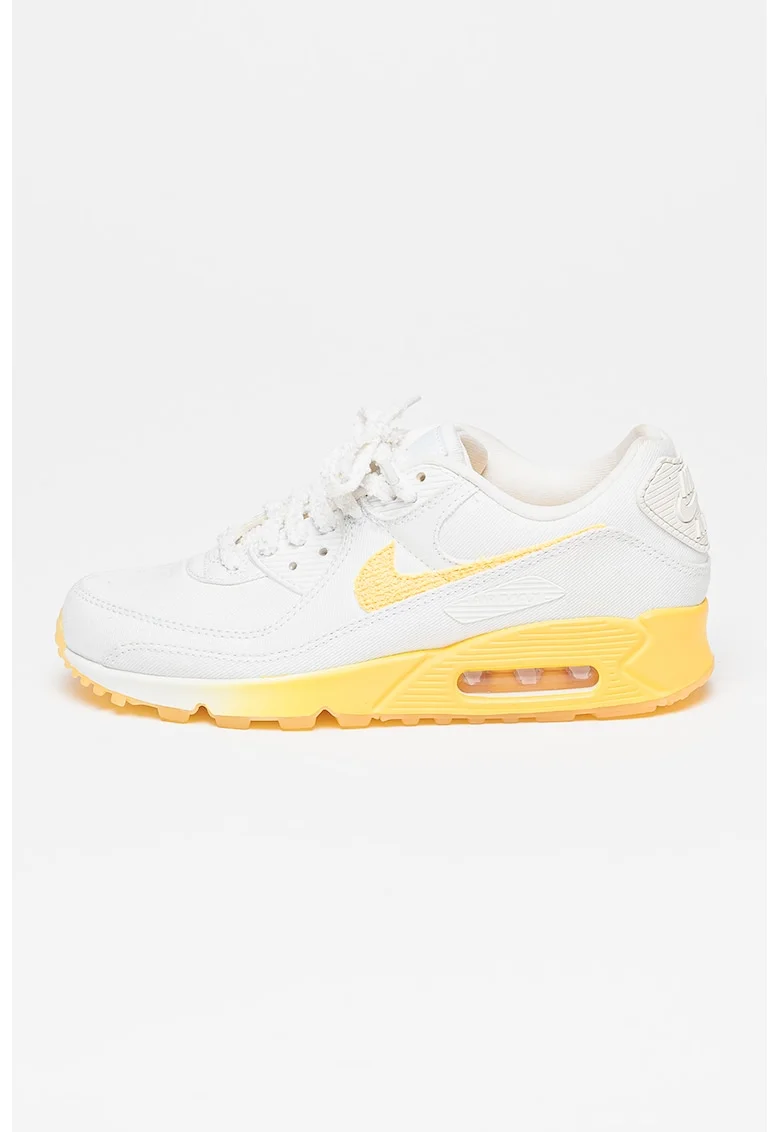 Pantofi sport de piele ecologica cu garnituri de plasa Air Max 90, Alb/Galben sofran