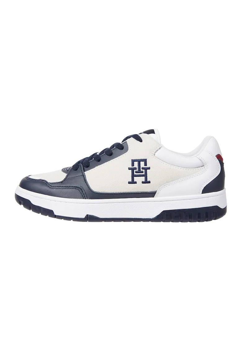 Pantofi sport din piele si piele intoarsa cu logo, Alb/Bleumarin