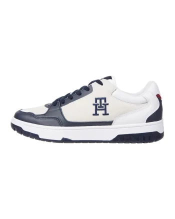 Pantofi sport din piele si piele intoarsa cu logo, Alb/Bleumarin