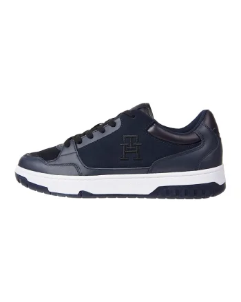 Pantofi sport din piele si piele intoarsa cu logo, Bleumarin