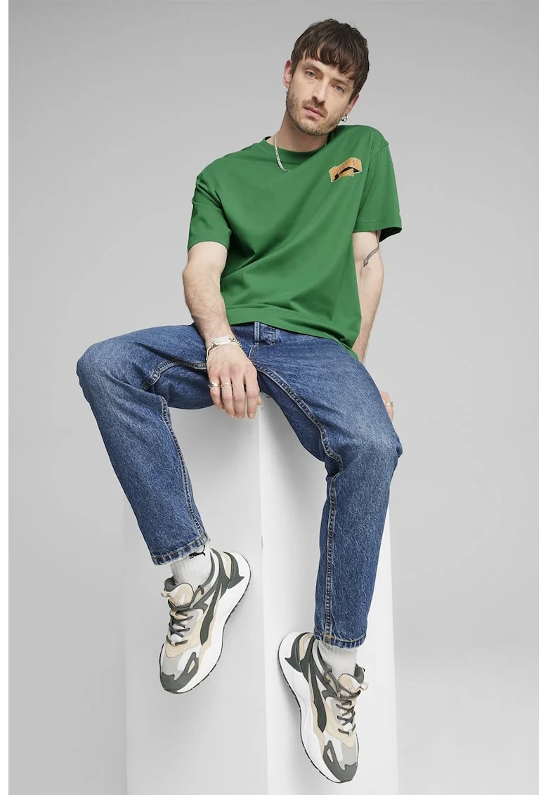 Tricou cu decolteu la baza gatului si imprimeu pe partea din spate, Verde/Portocaliu