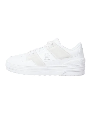 Pantofi sport de piele cu platforma si insertii de piele intoarsa, Alb