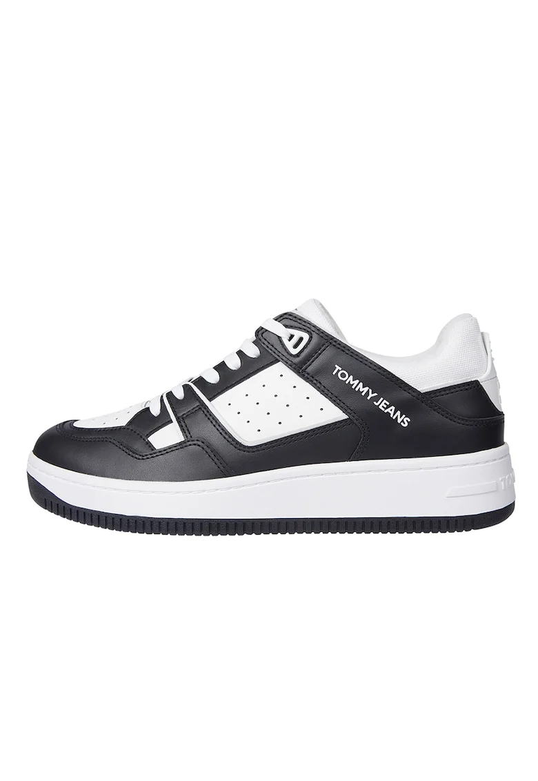 Pantofi sport de piele si piele ecologica, Negru/Alb optic