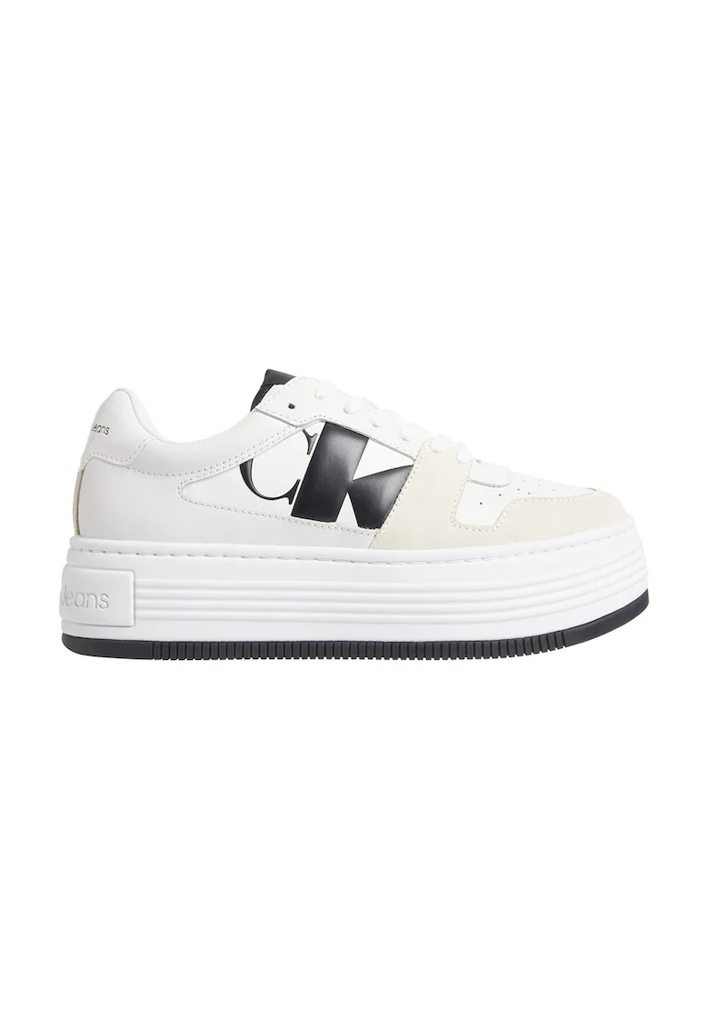 Pantofi sport flatform de piele si piele intoarsa, Alb fildes/Negru