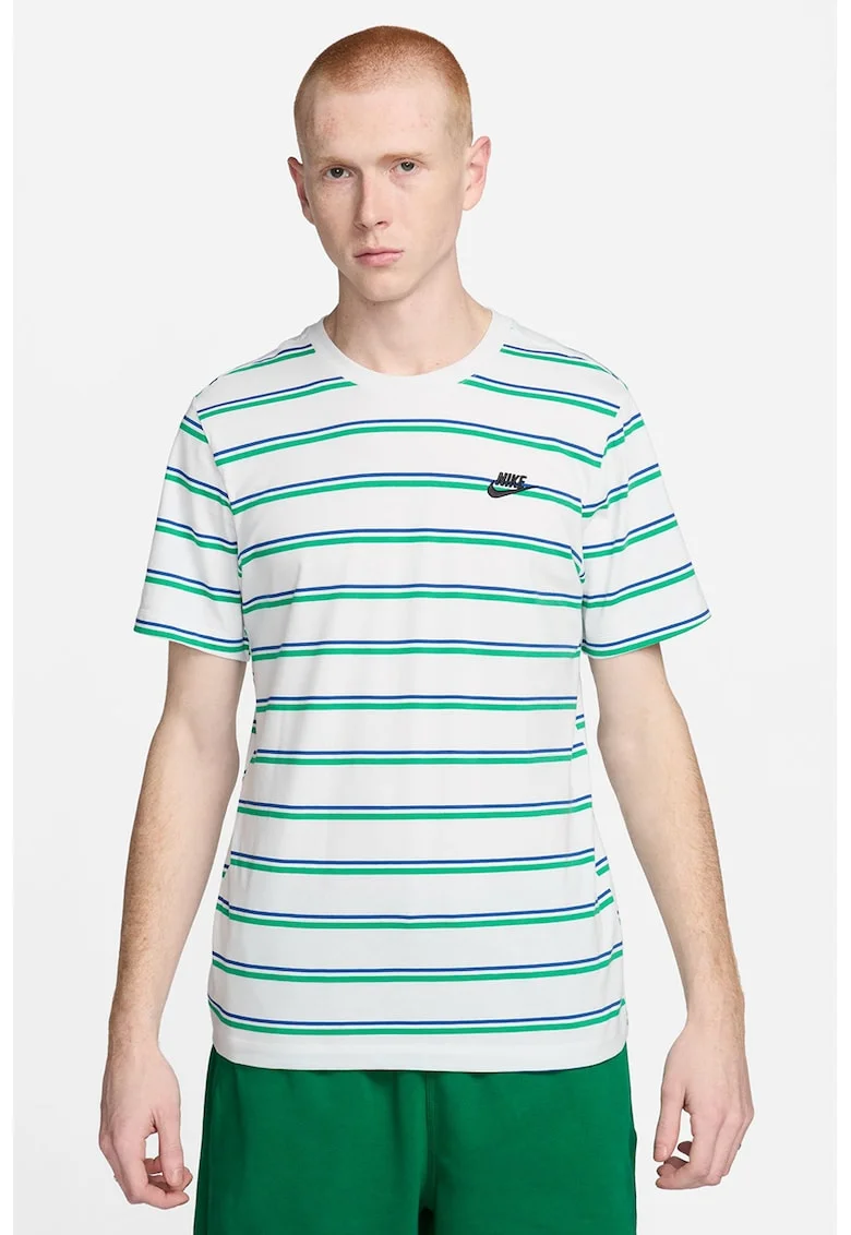 Tricou cu decolteu rotund si model in dungi, Alb/Verde/Albastru