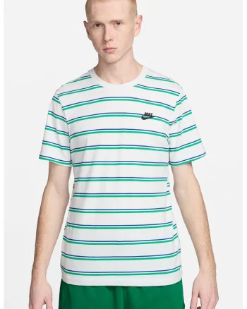 Tricou cu decolteu rotund si model in dungi, Alb/Verde/Albastru
