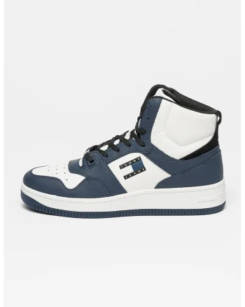 Pantofi sport mid-high de piele cu detalii contrastante, Alb/Bleumarin