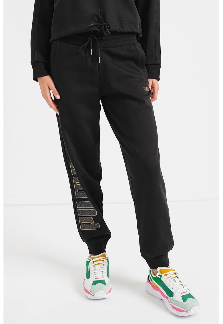 Pantaloni sport cu imprimeu logo, Negru