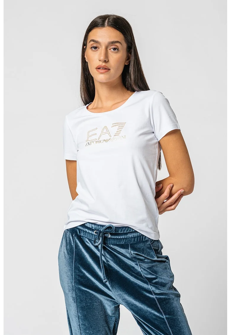 Tricou cu decolteu rotund si logo cu nituri, Alb/Auriu