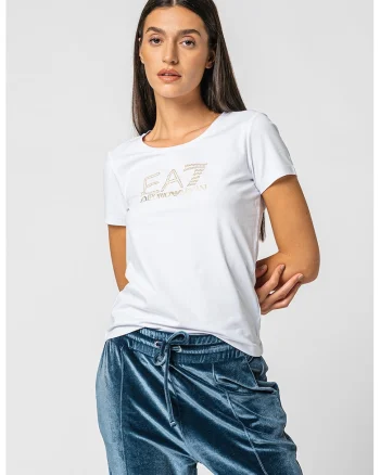 Tricou cu decolteu rotund si logo cu nituri, Alb/Auriu