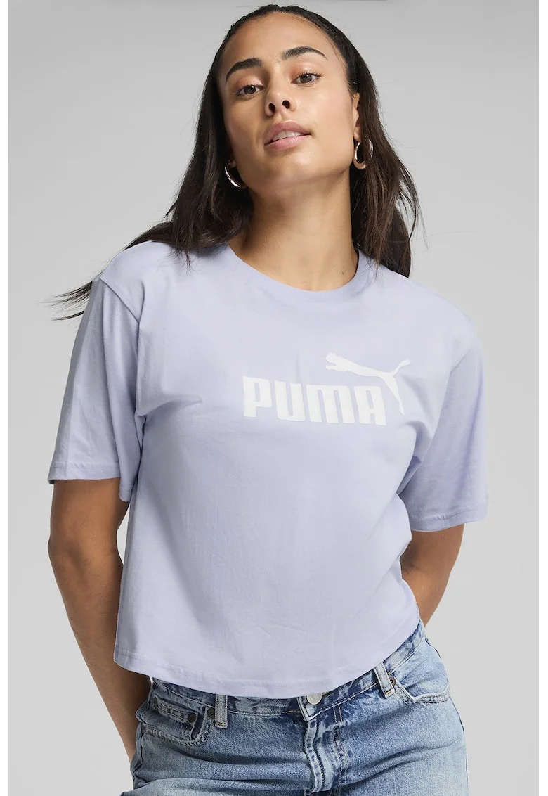 Tricou cu imprimeu logo si maneci cazute, Albastru glaciar