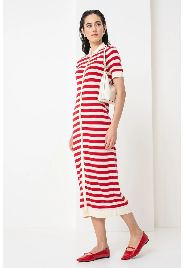 Rochie cambrata cu model in dungi, Alb fildes/Rosu vermillion