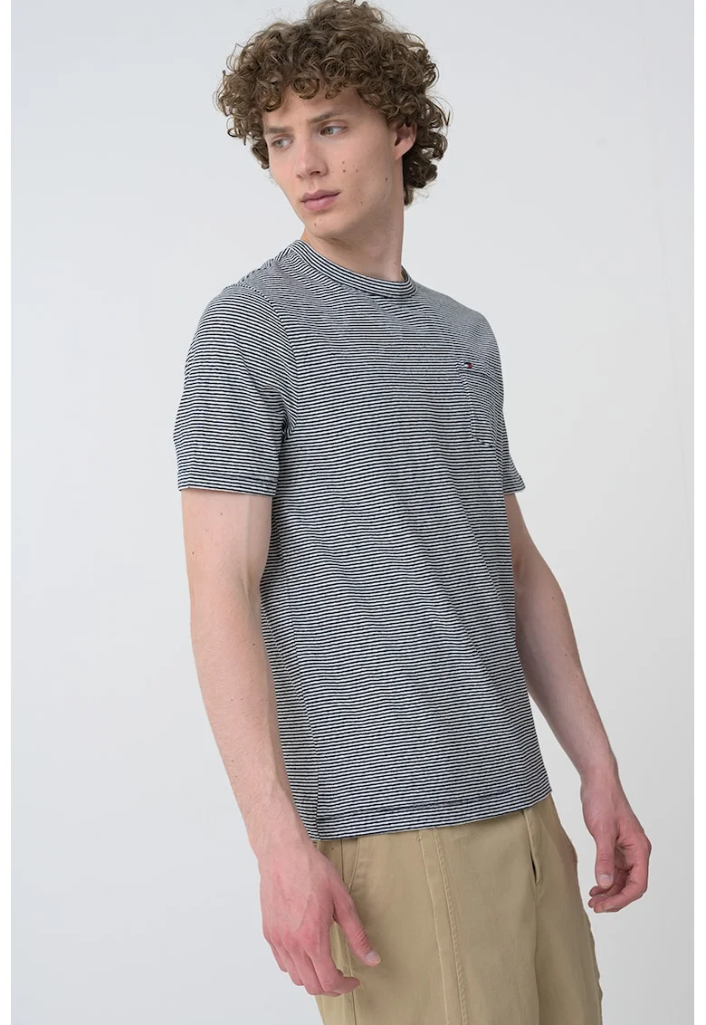 Tricou din amestec de in cu dungi, Alb murdar/Bleumarin