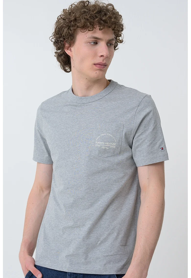 Tricou cu decolteu la baza gatului si buzunar pe piept, Gri melange