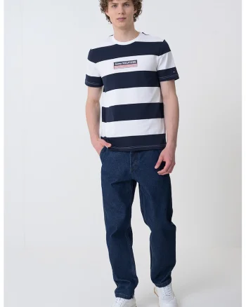 Tricou cu decolteu la baza gatului si model in dungi, Alb optic/Bleumarin