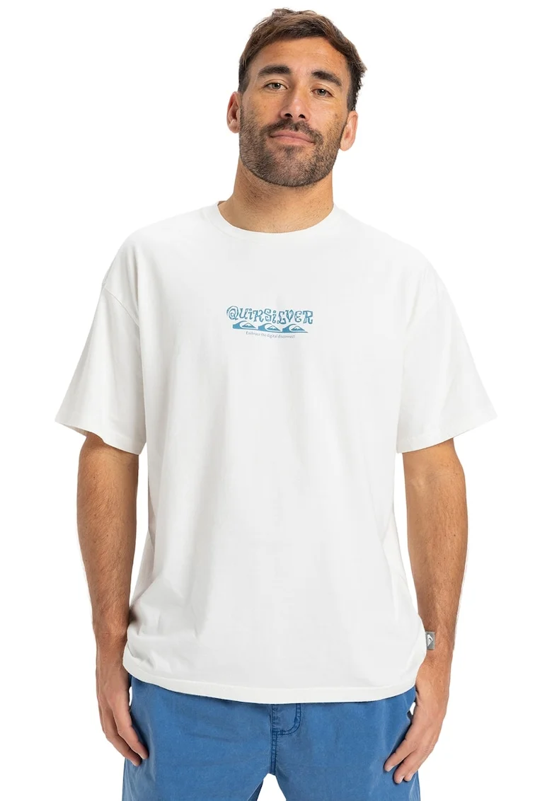 Tricou de bumbac organic cu model grafic pe spate, Alb/Albastru