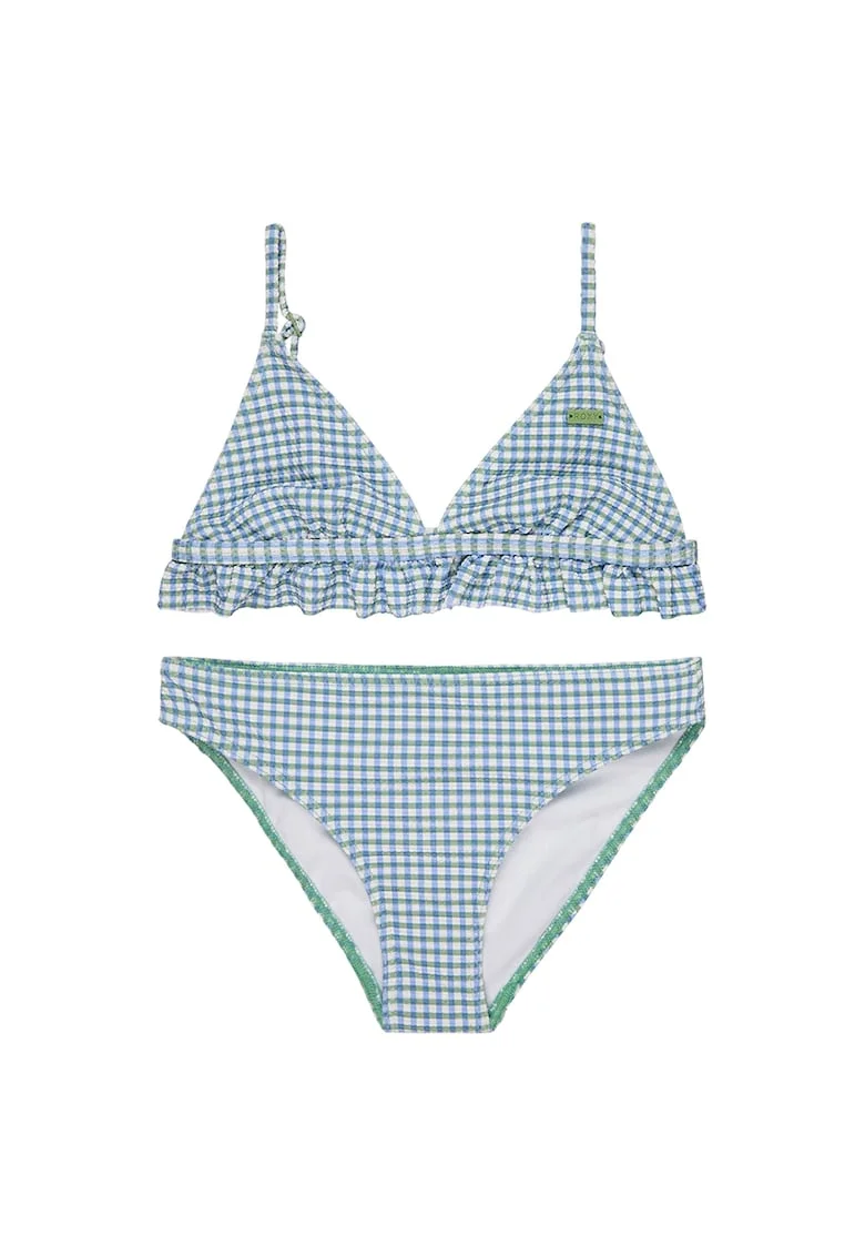 Costum de baie cu doua piese si model in carouri, Alb/Verde/Albastru